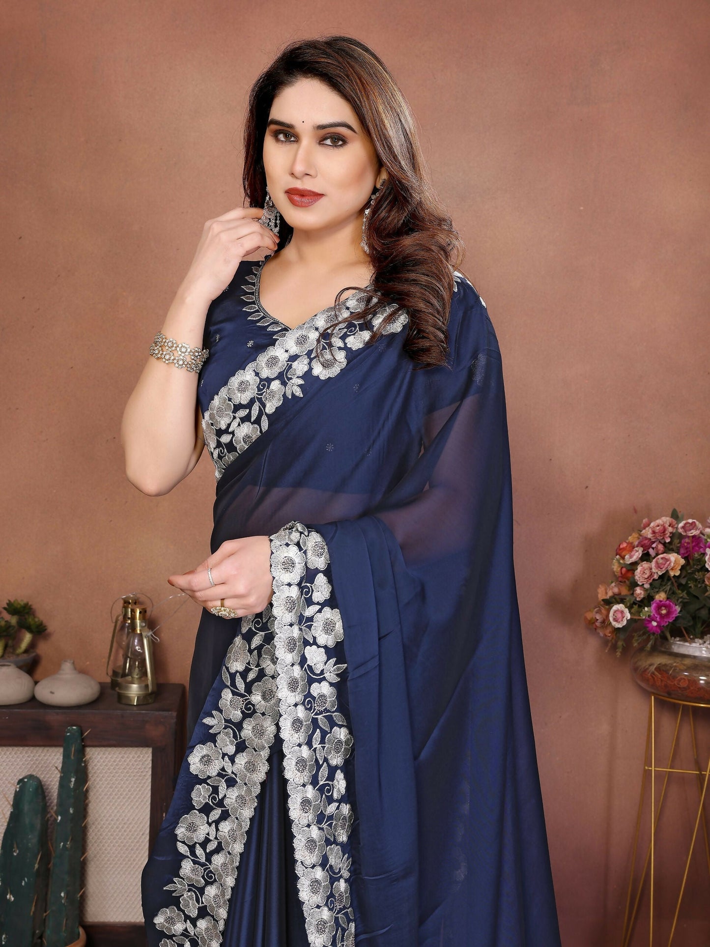Teeya Creation New Trendy Stylish Party Wear Silk Saree-Dark_Navy_Blue
