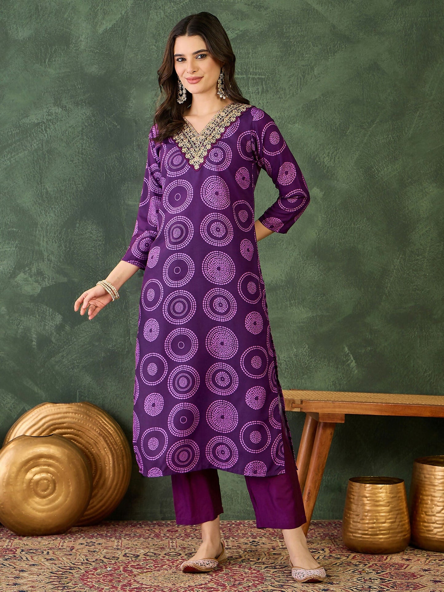 The52 Women's Gorgeous Rayon Embroidery Straight Kurta with Pant And Dupatta Set-Purple
