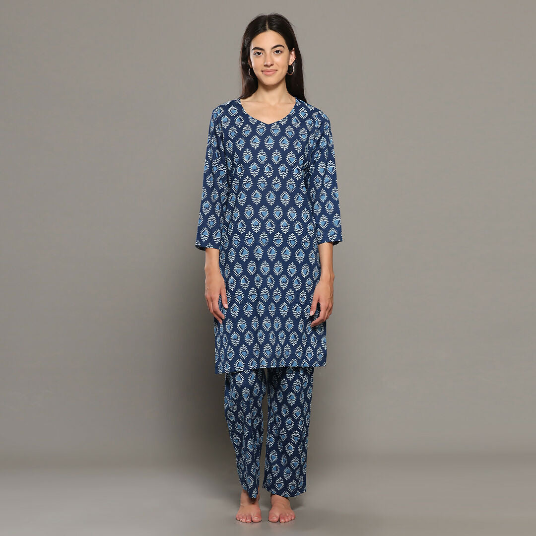 Breathables Blue Women Cotton Printed Loungewear Kurta And Pants Co-Ord Set I Night Wear | Butta Print