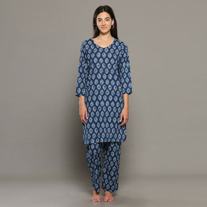 Breathables Blue Women Cotton Printed Loungewear Kurta And Pants Co-Ord Set I Night Wear | Butta Print