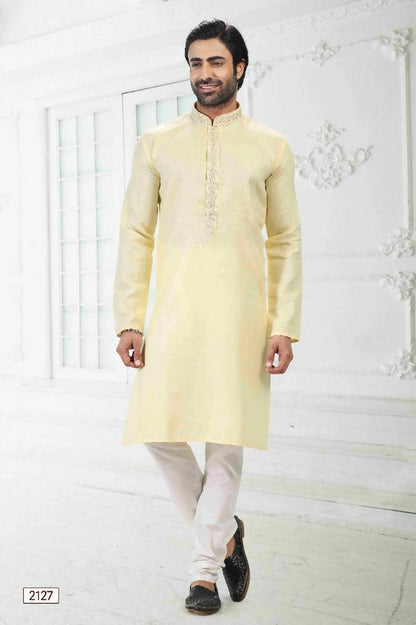 Raivat Ethnic Linen Cotton Thread Work Kurta Pajama In Yellow Colour