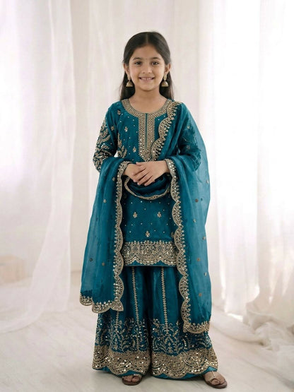 Teeya Creation New Trendy Fully Stitched Ready to Wear Kids Kurta Palazzo Set-Turquoise