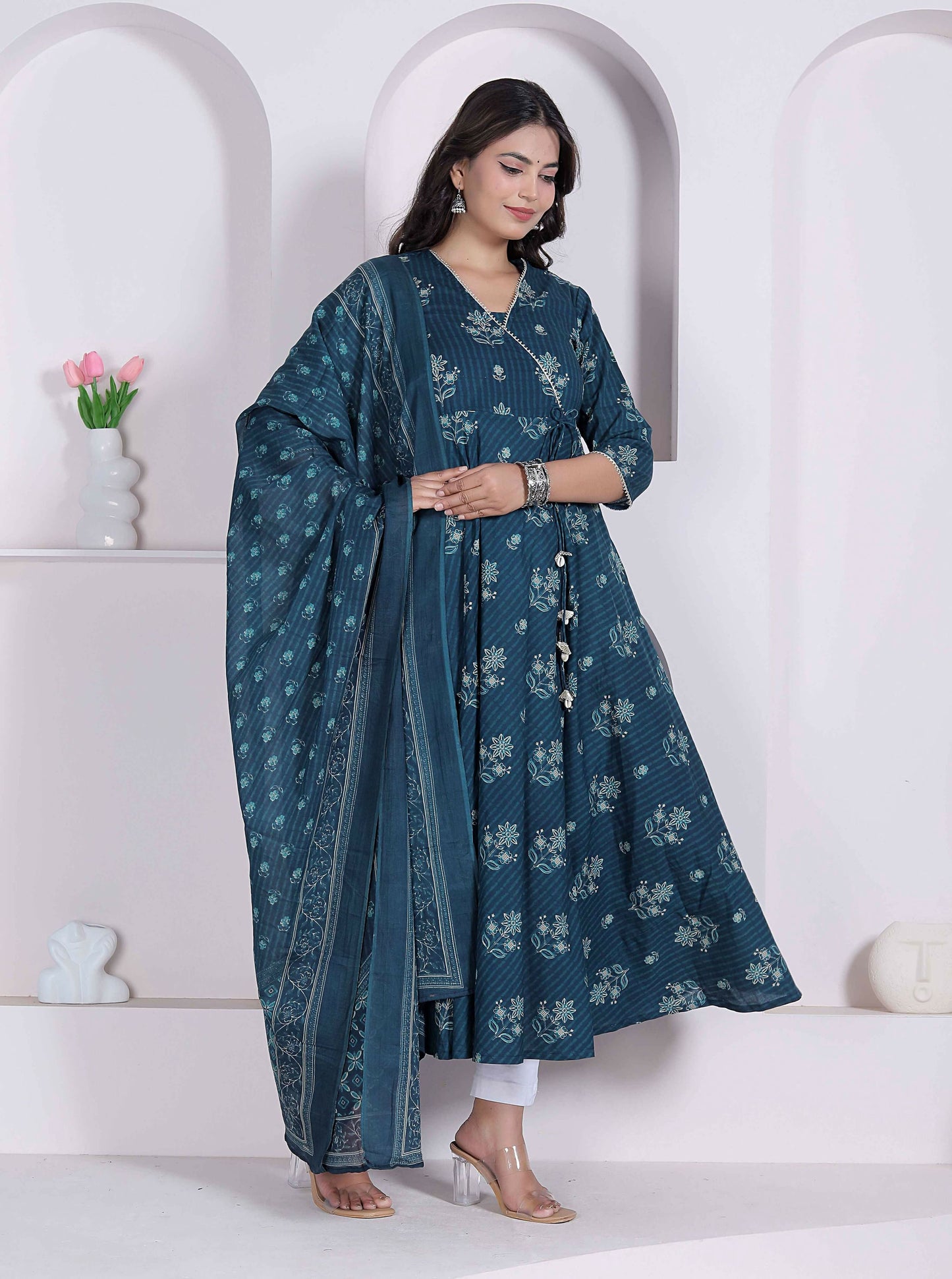Miravan Womens Blue Floral Printed Angrakha Kurta With Dupatta