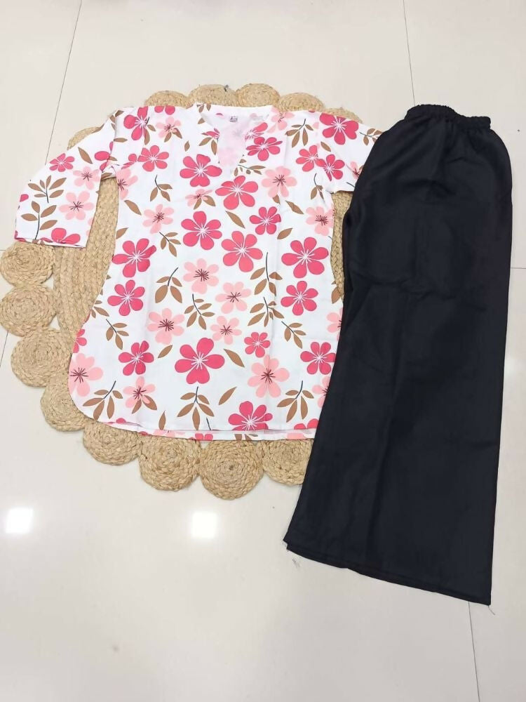 Teeya Creation Women White & Rani Pink Bold Floral Printed Cotton Kurti with Black Wide-Leg Palazzo Set