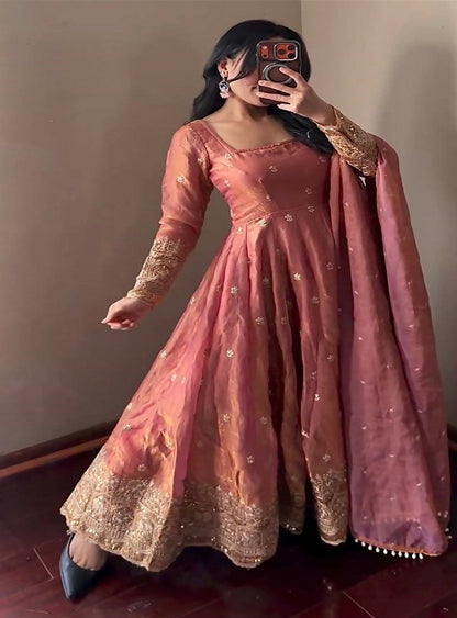 Teeya Creation Peach Festive Wear Heavy Border Anarkali Gown Suit