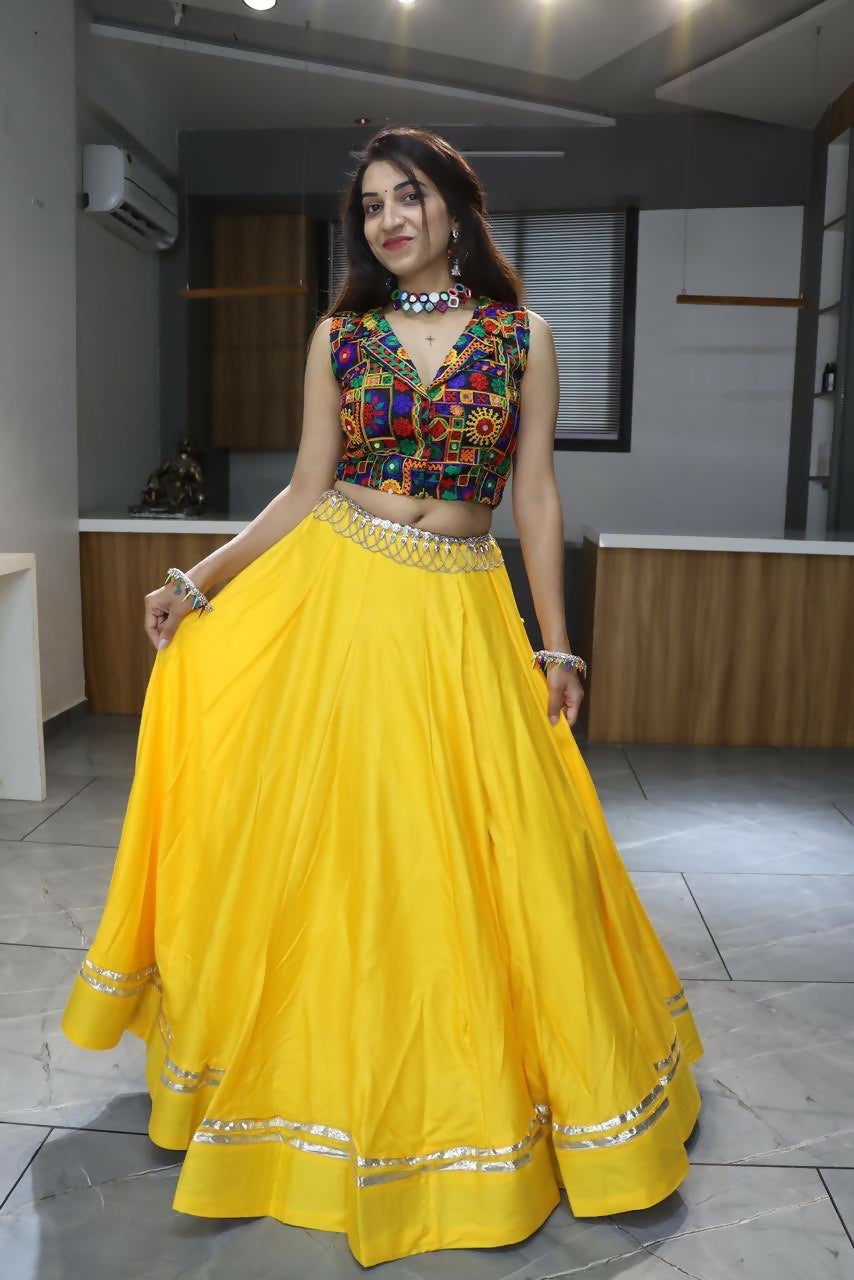 Yash Enterprise Yellow Rayon Cotton Embroidery Semi Stitched Navratri Chaniya Choli