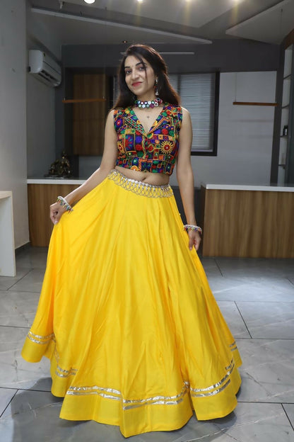 Yash Enterprise Yellow Rayon Cotton Embroidery Semi Stitched Navratri Chaniya Choli