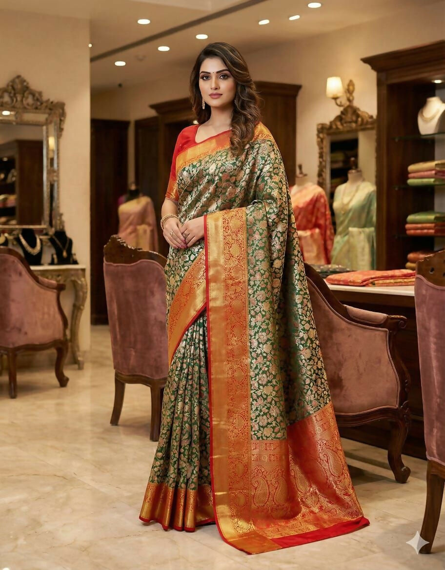 Prime Volt Royal Kanjivaram Silk Saree in Green with Floral Zari Weaving & Red-Gold Pallu-Golden Orange With Red Edges