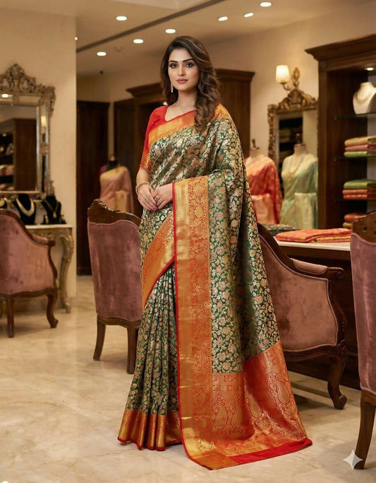 Prime Volt Royal Kanjivaram Silk Saree in Green with Floral Zari Weaving & Red-Gold Pallu-Golden Orange With Red Edges