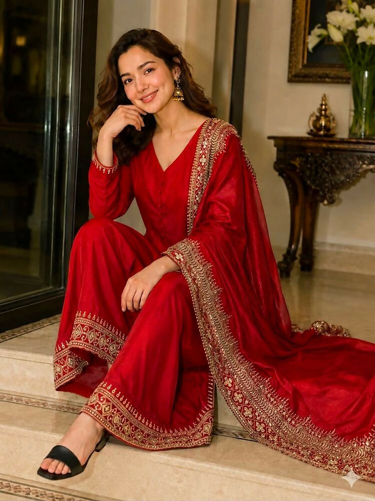 Teeya Creation New Latest Stylish Classic Red Festive Kurta Set with Gold Zari Border Palazzo and Dupatta