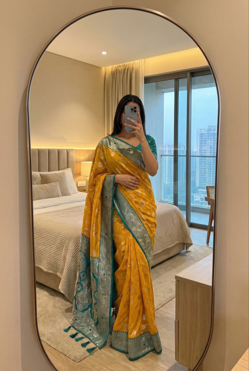 Mameraa Sarees Yellow Soft Silk Blend Saree With Zari Weaving Meenakari Design-Yellow