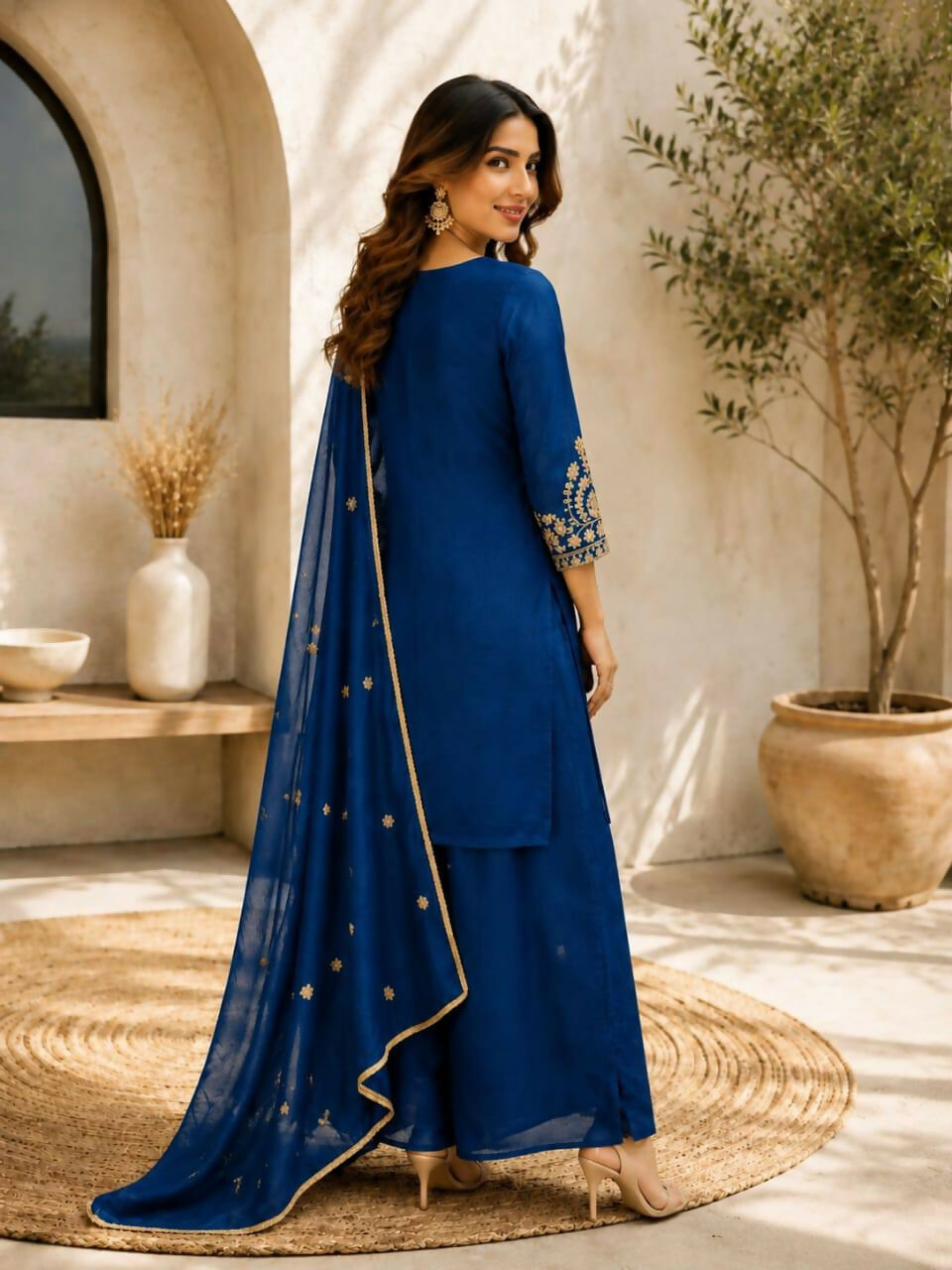 Teeya Creation Blue Embroidered Silk Palazzo Suit With Dupatta