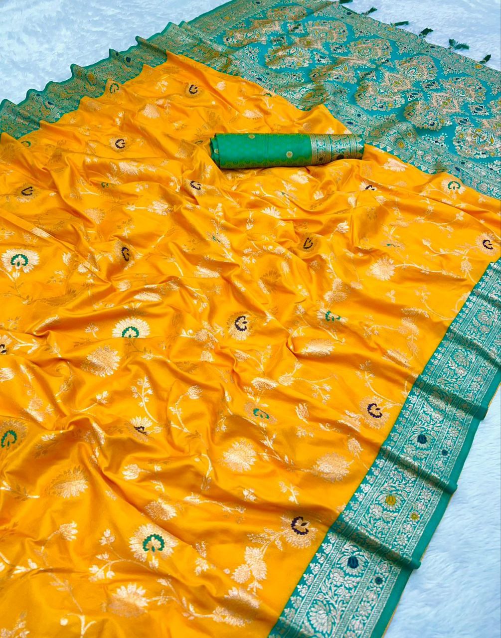 Mameraa Sarees Yellow Soft Silk Blend Saree With Zari Weaving Meenakari Design-Yellow