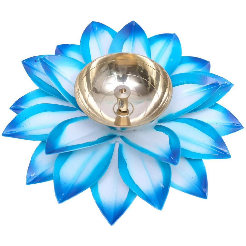 CraftVatika Brass Diya Oil Lamp Stand Lotus Kamal Patti Diyas - Sky Blue