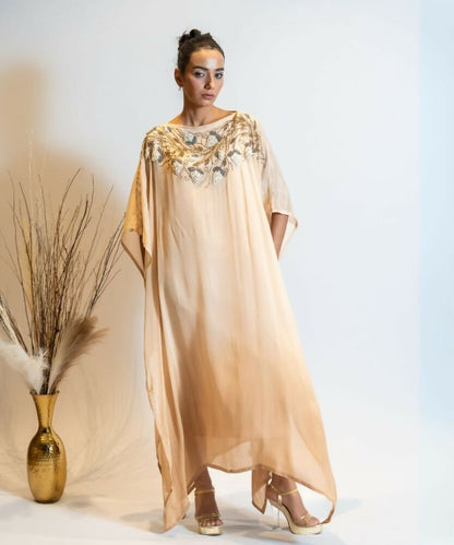 Timaraa Champagne Beige Ombre Embellished Georgette Kaftan Dress