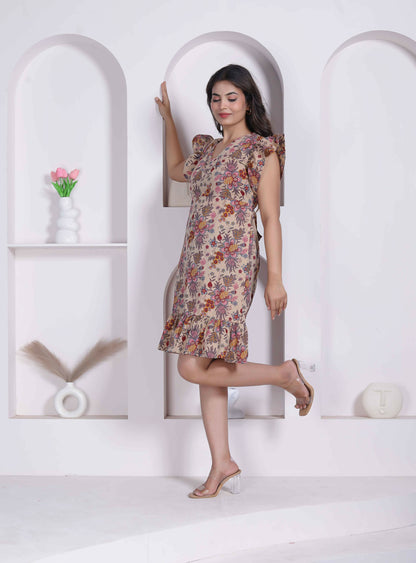 Miravan Women Empire Waist Beige Mini Length Dress