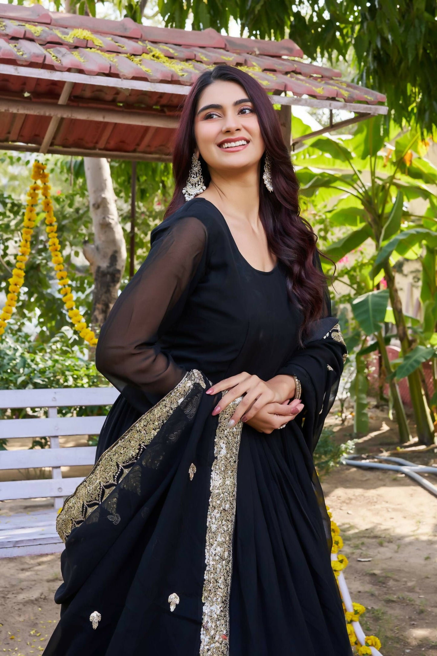 Teeya Creation Womens New Stylish Heavy Sequence Embroidery Work Black Gown Set