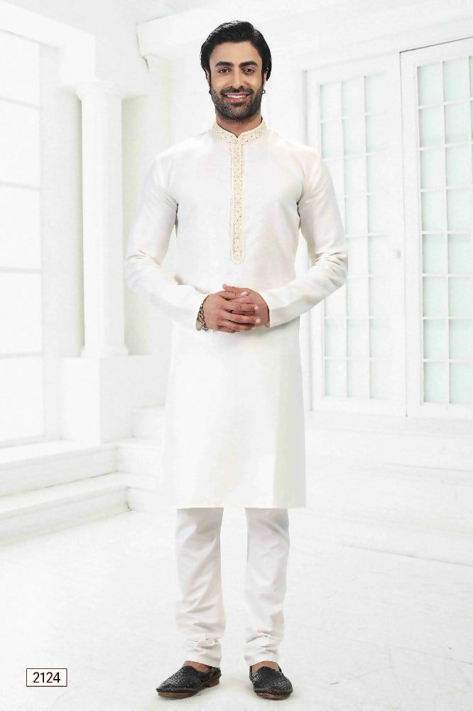 Raivat Ethnic Linen Cotton Thread Work Kurta Pajama In Cream Colour