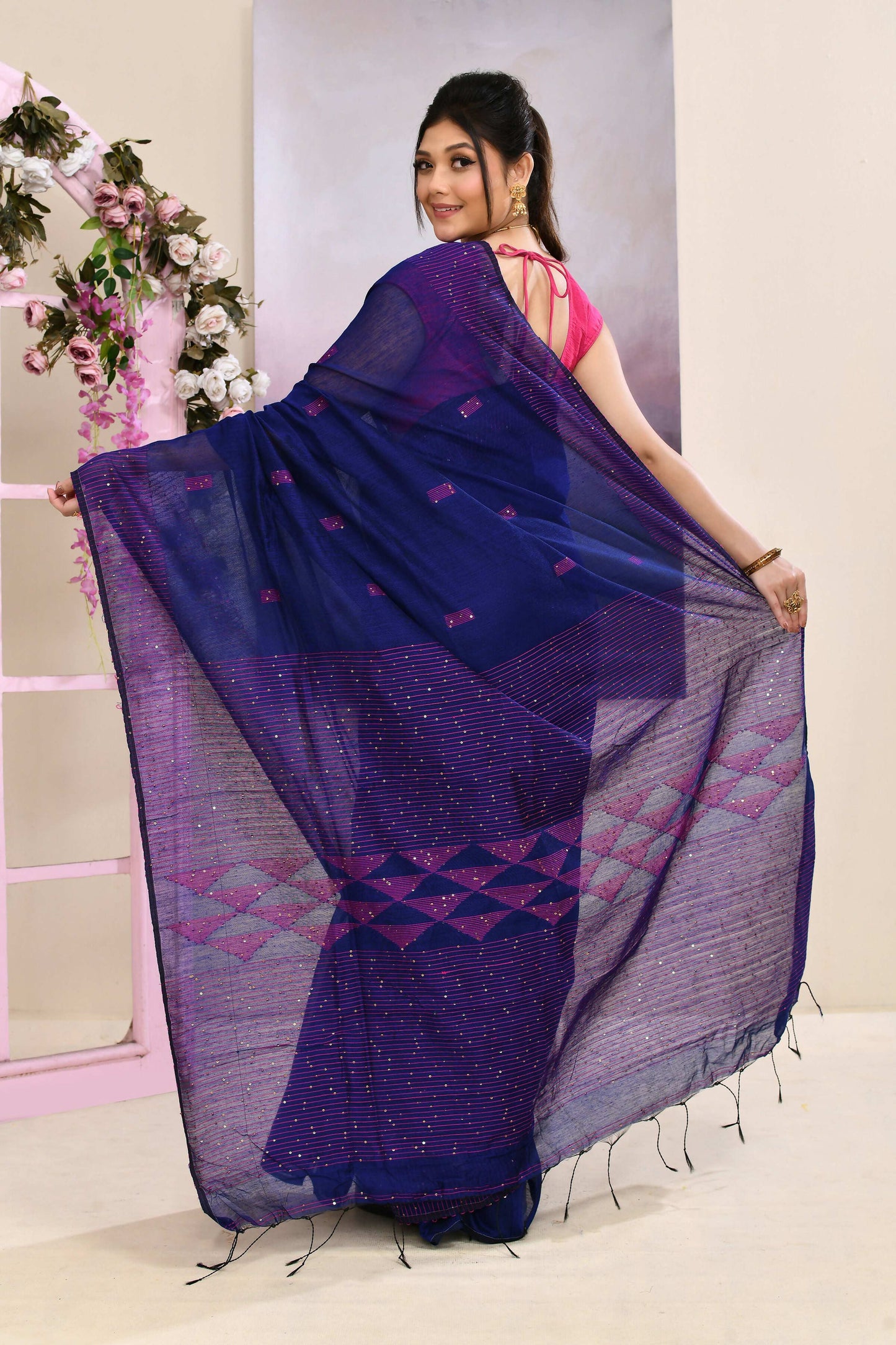 Piyari Fashion Women's Blue Sequins Embellished Cotton Blend Jamdani Saree