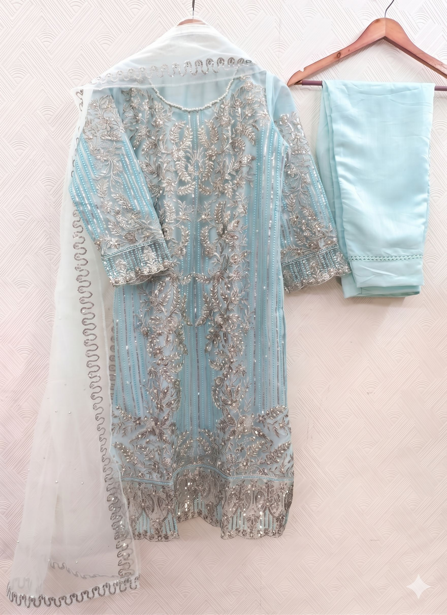 Teeya Creation Womens New Soft Net With Heavy Embroiedery With Sequence Work Sky-Blue Kurta Set
