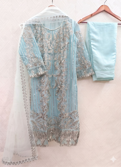 Teeya Creation Womens New Soft Net With Heavy Embroiedery With Sequence Work Sky-Blue Kurta Set