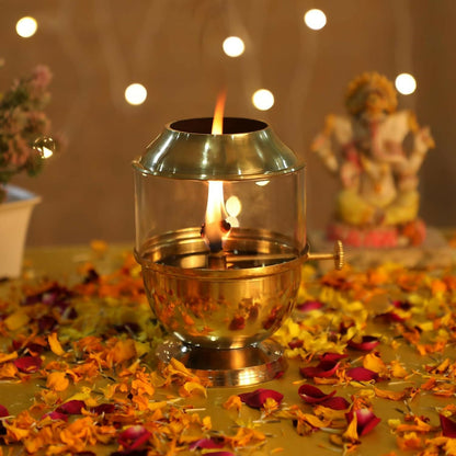 Not Available Pure Brass Akhand Jyot Diya with Borosilicate Glass Cover