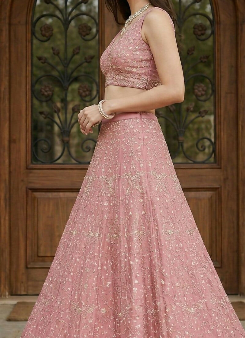 Lehenga Mart Pink Peach Malai Satin Silk Designer Bollywood Style Wedding Wear Lehenga Choli