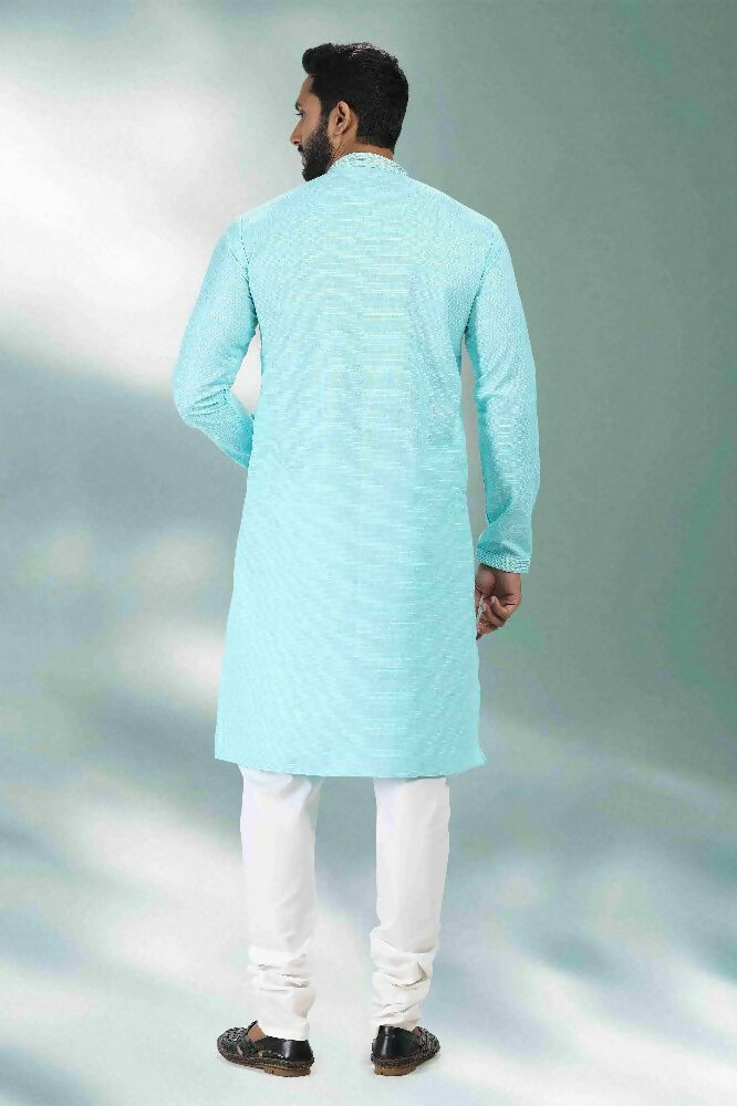 Raivat Ethnic Linen Cotton Pintux Work Kurta Pajama In Sky Blue Colour