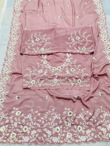 Teeya Creation New Womens Trendy Stylish Embroidered Work Saree-Beige