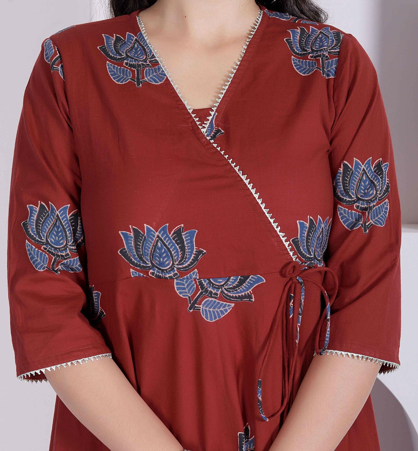 Miravan Womens Rust Floral Printed Pure Cotton Gota Patti Angrakha Kurta