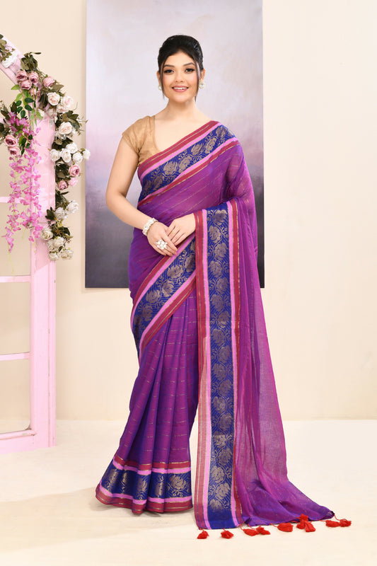 Piyari Fashion Women's Purple Embellished Zari Border Cotton Saree