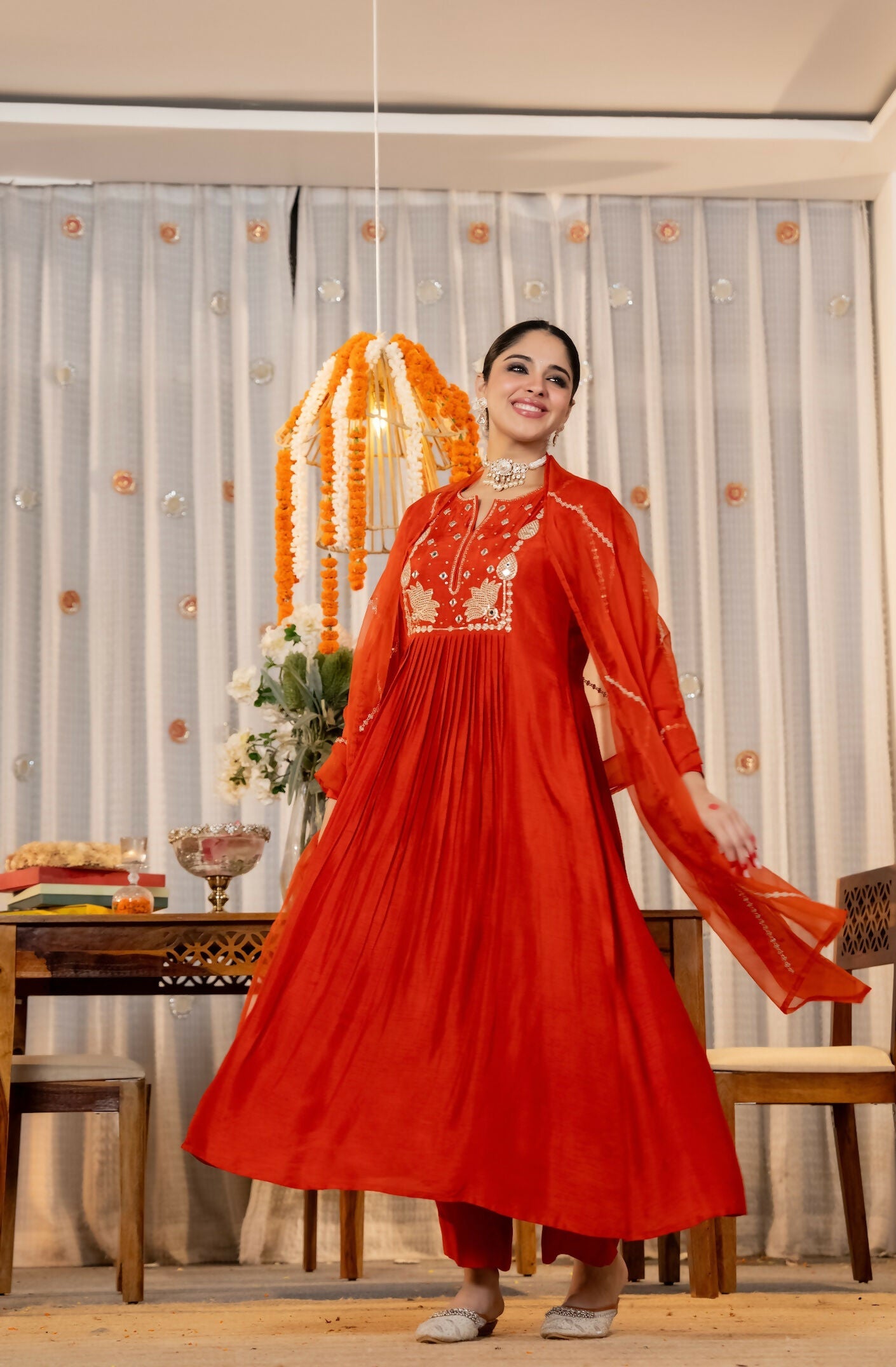 The52 Women's Gorgeous Embroidery Work Chanderi Silk Fabric Flared Kurta Pant and Dupatta Set-Orange