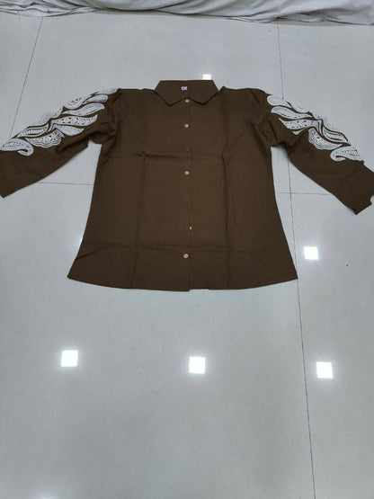 Teeya Creation Women Trendy Brown Cotton Button-Down Top with White Contrast Embroidered Sleeves