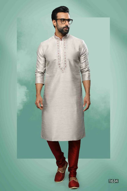 Raivat Ethnic Art Silk Mirror Embroidery Work Kurta Pajama In Grey Colour