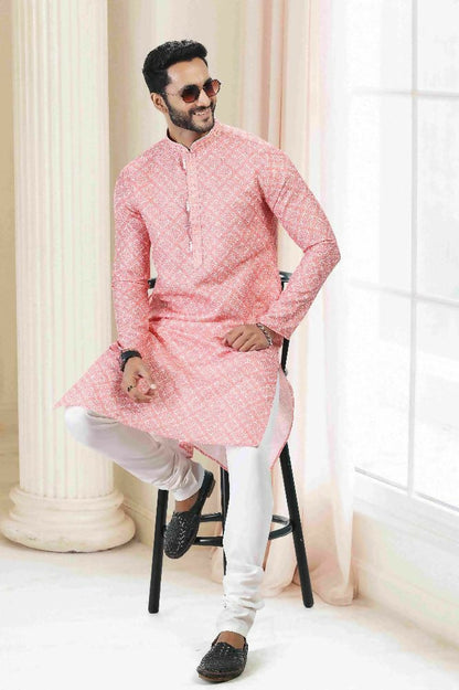 Raivat Ethnic Cotton Thread Work Kurta Pajama In Orange Colour