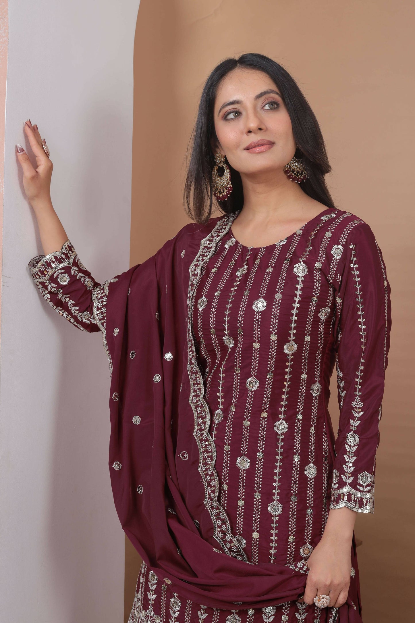 The52 Women's Gorgeous Embroidery Work Natural Crep Fabric Straight Kurta Sharara and Dupatta Set