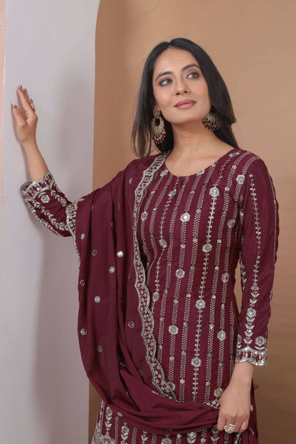 The52 Women's Gorgeous Embroidery Work Natural Crep Fabric Straight Kurta Sharara and Dupatta Set