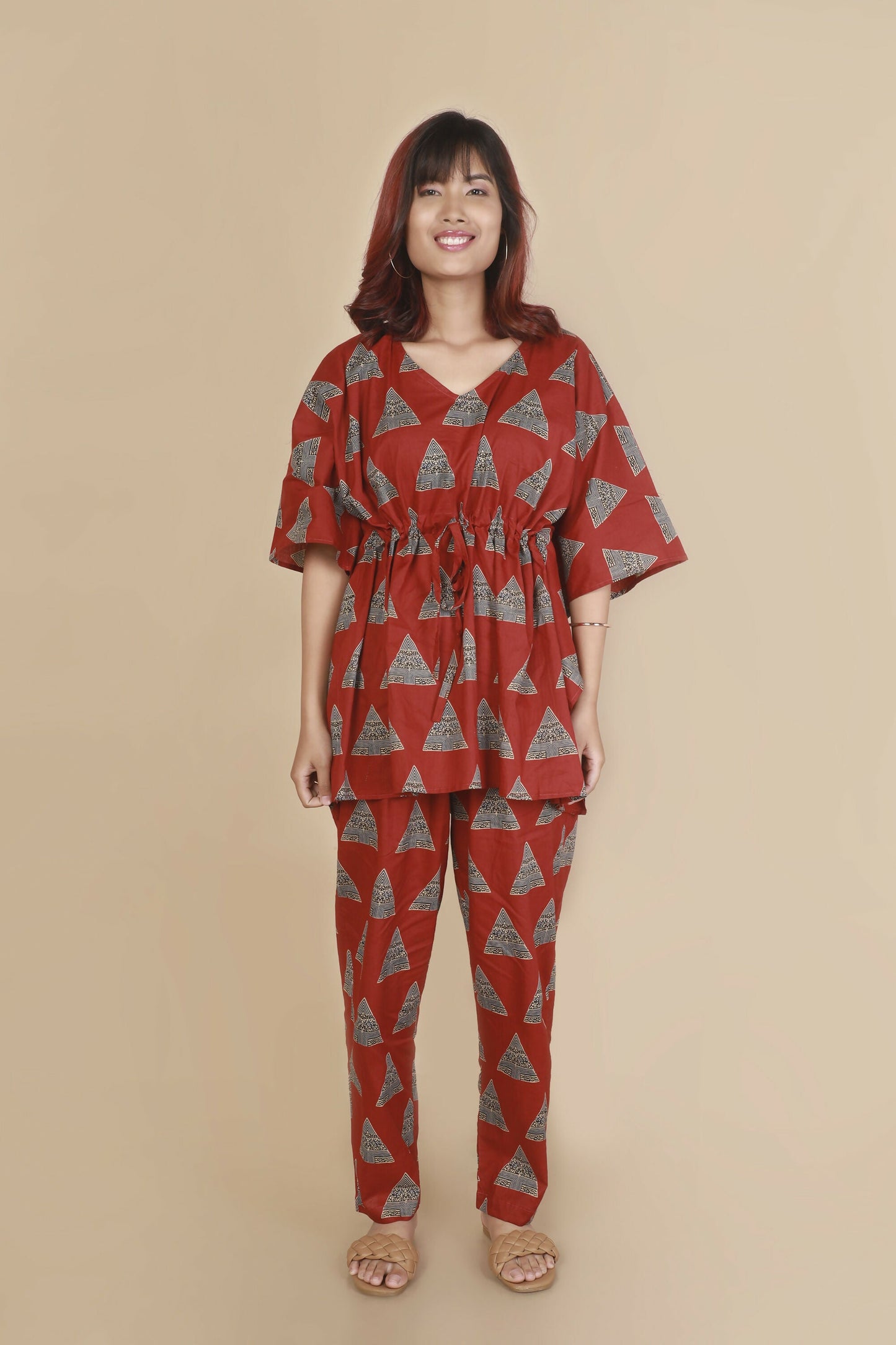 Breathables WomenS Loungewear Kaftan Cotton Red Geometric Print Co-Ord Set