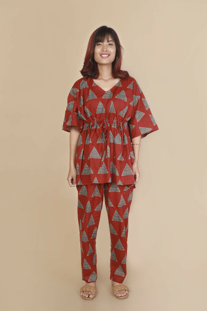 Breathables WomenS Loungewear Kaftan Cotton Red Geometric Print Co-Ord Set