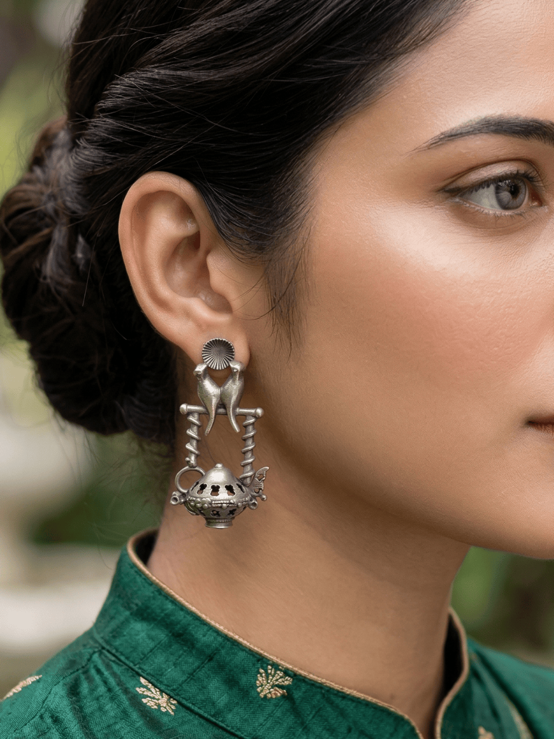 German Silver Bird Stand Drop Earrings