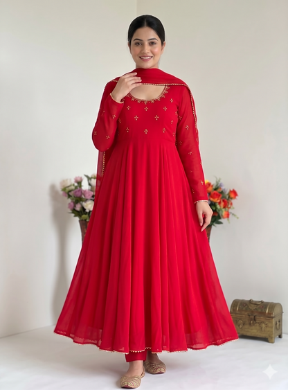 Teeya Creation New Trendy Party Wear Look Gerorrget Gown With Pant Dupatta Set - Red