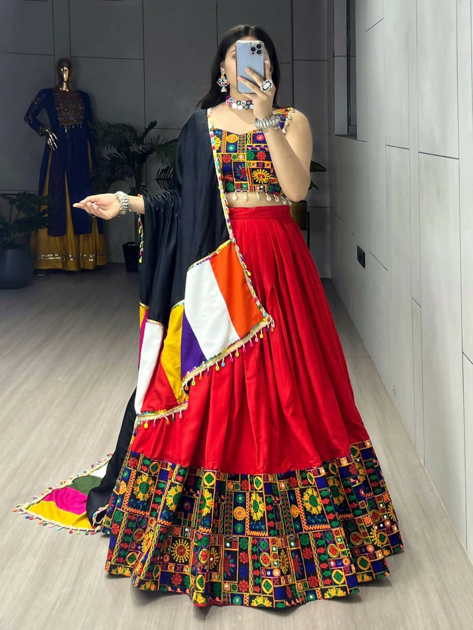 Yash Enterprise Red Rayon Cotton Embroidery Semi Stitched Navratri Chaniya Choli
