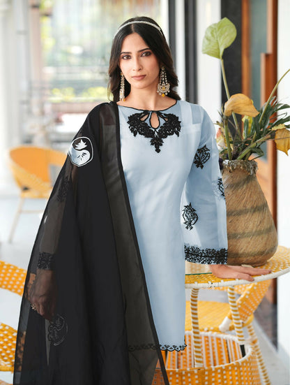 Nikhaar Light Blue Embroidered Organza Stitched Straight Cut Kurta Farshi Salwar Dupatta Readymade Suit