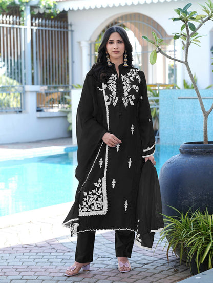 Nikhaar Black Embroidered Modal Silk Stitched Straight Cut Kurta Pants Dupatta Readymade Suit