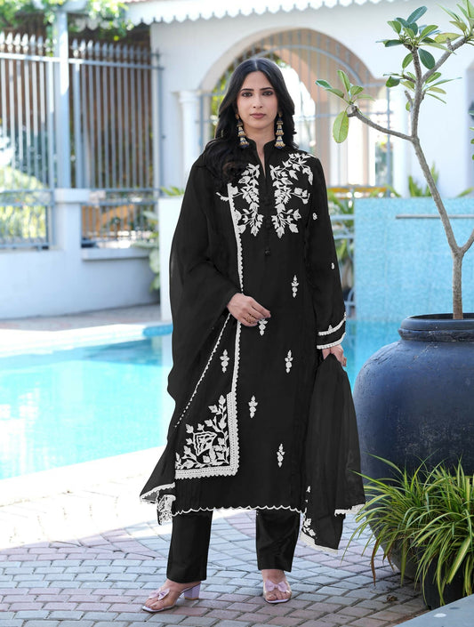 Nikhaar Black Embroidered Modal Silk Stitched Straight Cut Kurta Pants Dupatta Readymade Suit