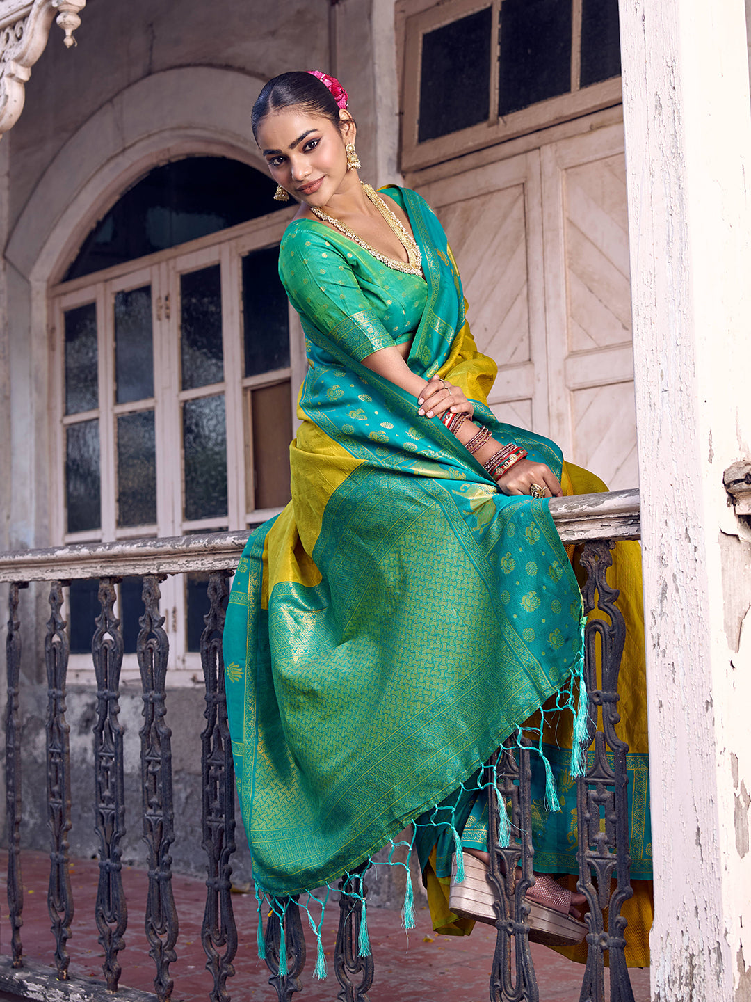 Anaita Yellow Soft Silk Woven Saree With Blouse