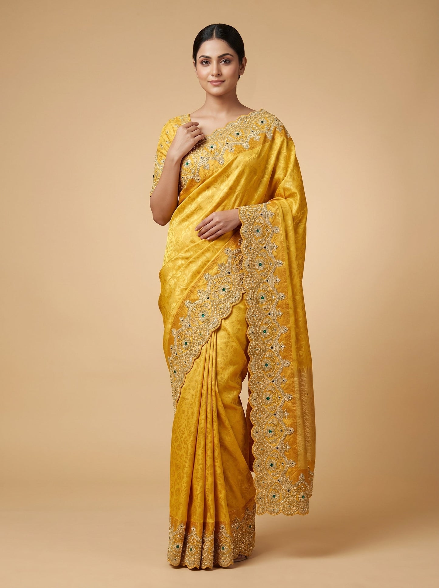 Yellow Accent Motif Embroidered Saree