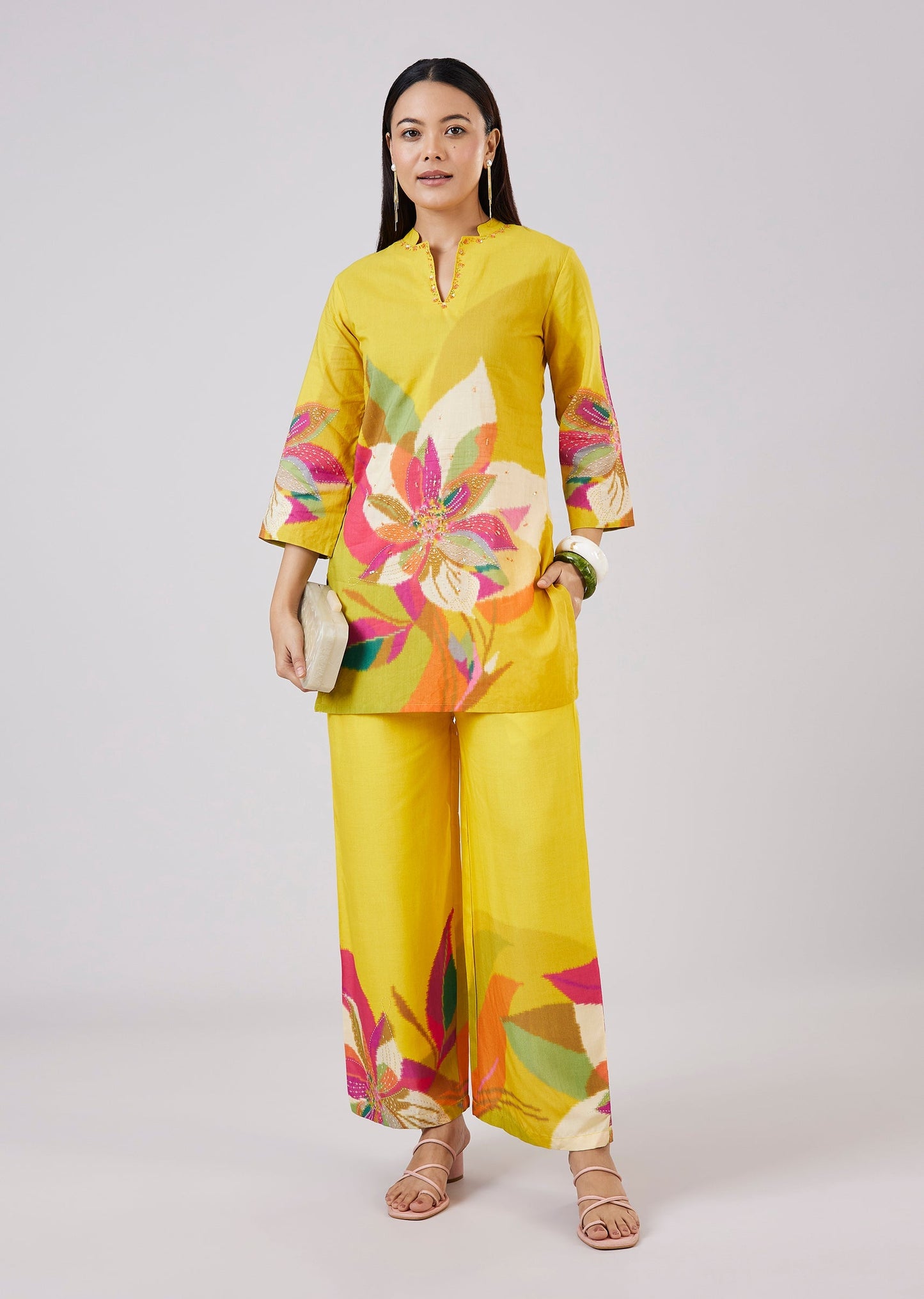 Yellow Cotton Coord Set With Hand Painted Work