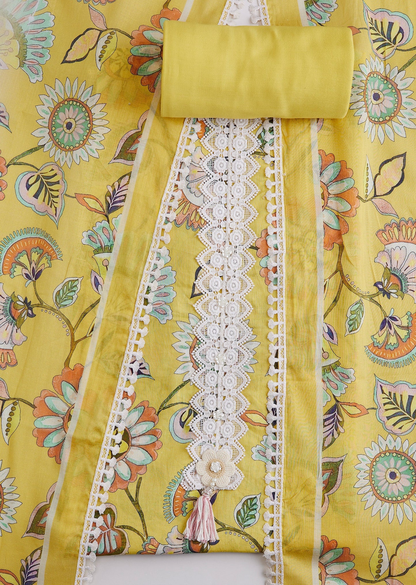 Yellow Cotton Printed Unstitched Suit Set With Dupatta