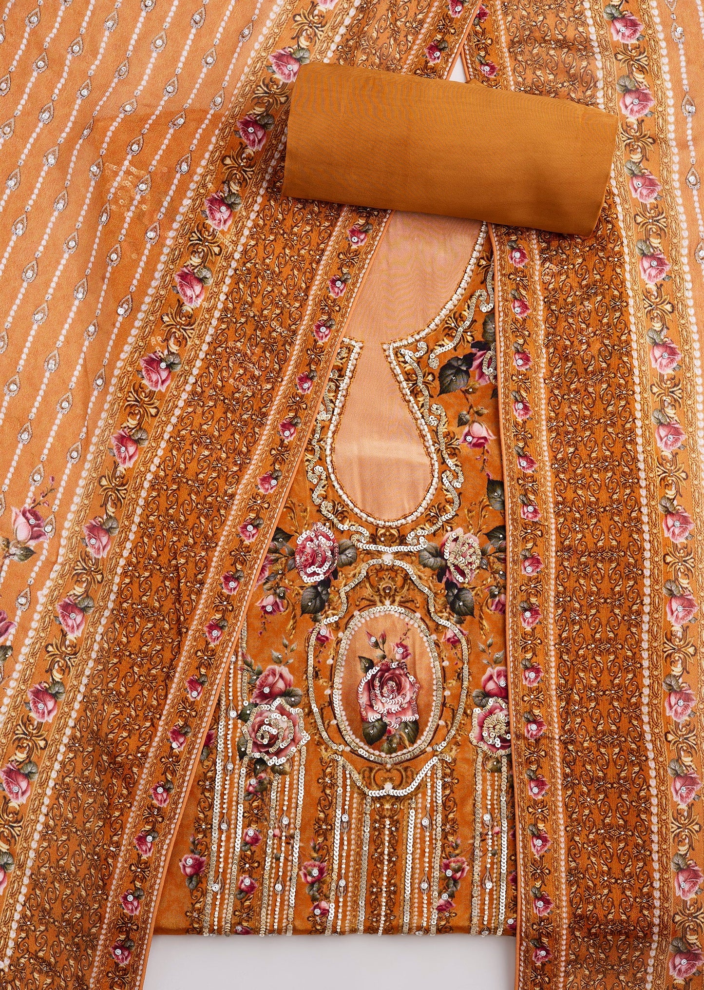 Yellow Crepe Printed Unstitched Suit Set With Dupatta